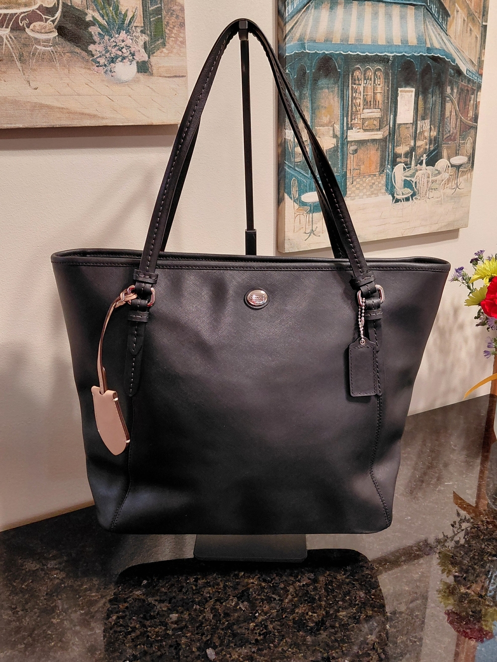 Coach Black Leather Payton Zip Top Tote with Silver Hardware & Key Ring